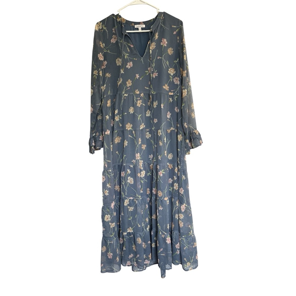 Patrons of Peace Blue Floral Sheer Long Sleeve Maxi Dress Womens Size M EUC